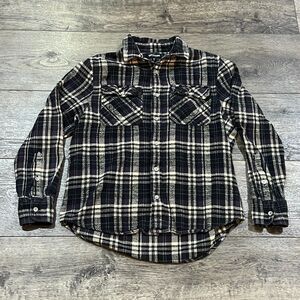 True Religion Brand Jeans Plaid Flannel Shirt Horseshoe Logo Back Graphic Small